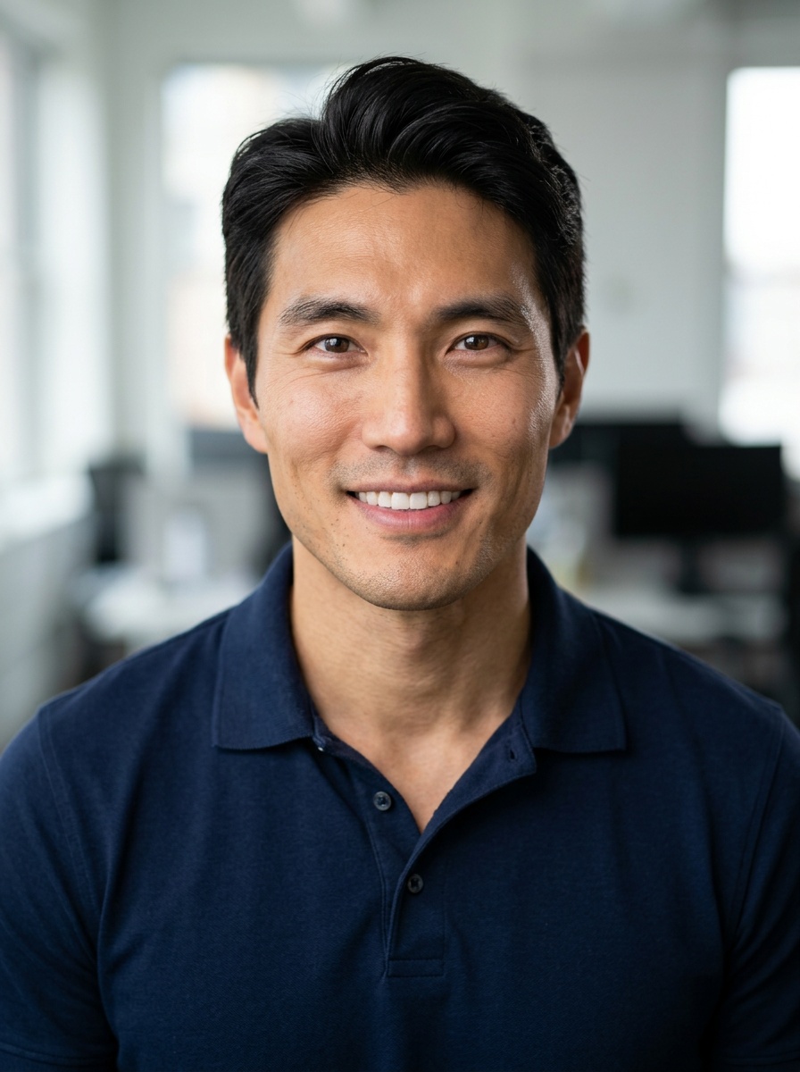 Professional AI LinkedIn headshot in Navy blue short-sleeve polo on Office / Modern Office Workspace