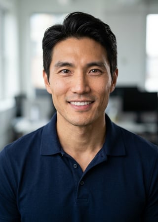 Professional AI LinkedIn headshot in Navy blue short-sleeve polo on Office / Modern Office Workspace