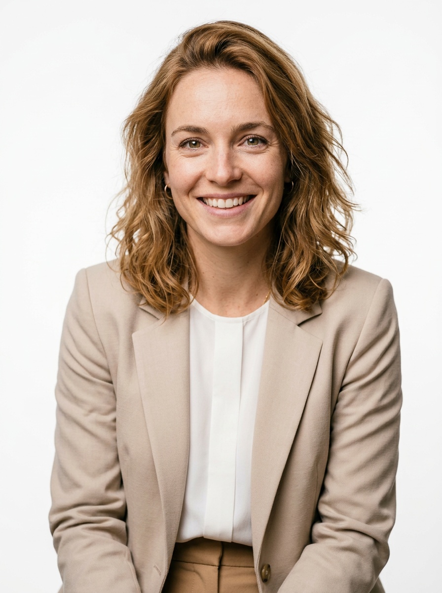 Professional AI LinkedIn headshot in Light beige blazer and tan trousers ensemble on White / Pure White Studio