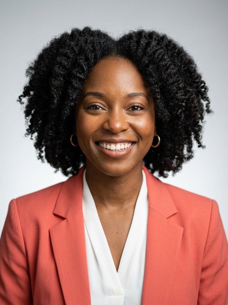 Professional AI LinkedIn headshot in Coral blazer over white blouse on Neutral Gradient / Light Grey