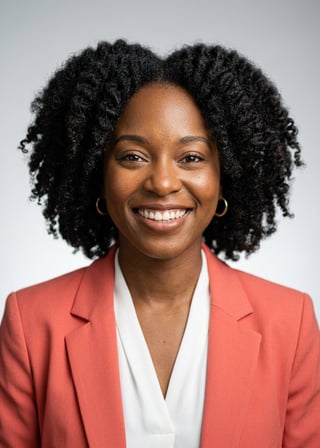 Professional AI LinkedIn headshot in Coral blazer over white blouse on Neutral Gradient / Light Grey