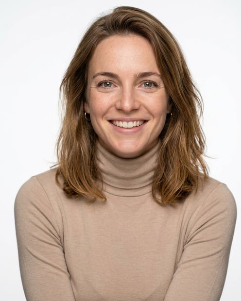 White / Pure White Studio · Beige long-sleeve turtleneck headshot example