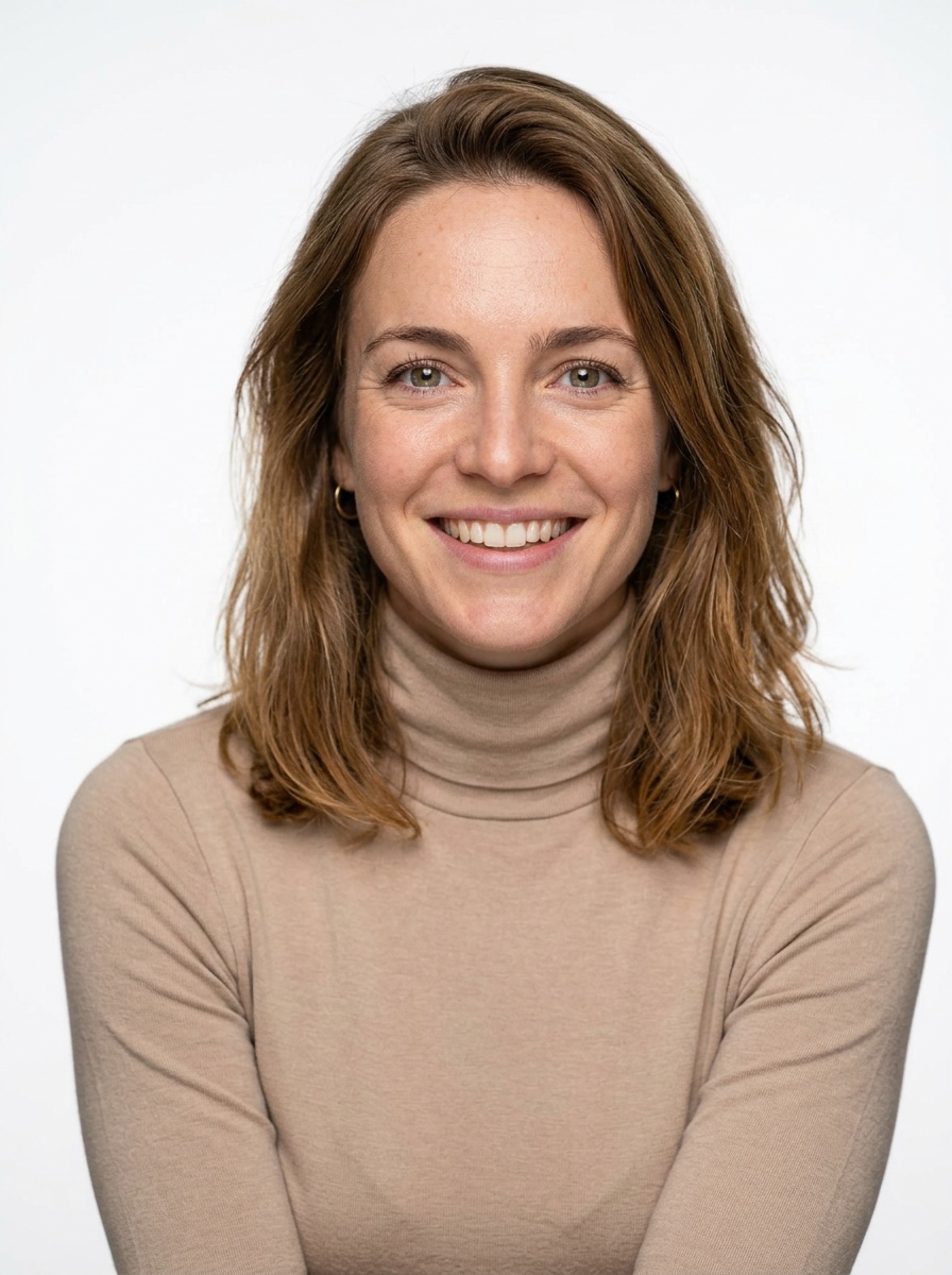 Professional AI LinkedIn headshot in Beige long-sleeve turtleneck on White / Pure White Studio