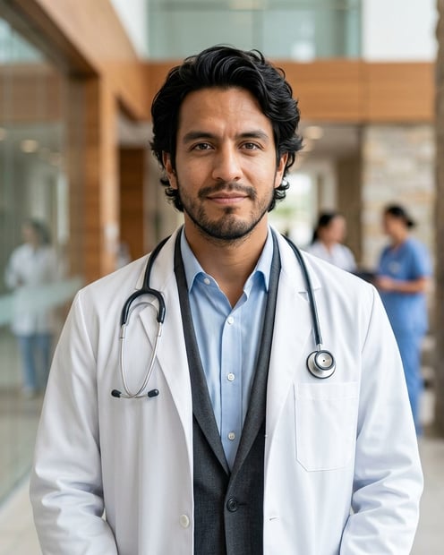 Premium Hospital Lobby · Medical Executive Suit with White Coat headshot example