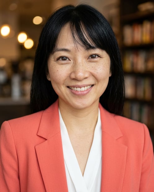 Cafe · Coral blazer over white blouse headshot example