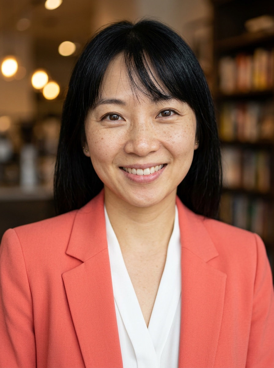 Professional AI LinkedIn headshot in Coral blazer over white blouse on Cafe (warm professional)