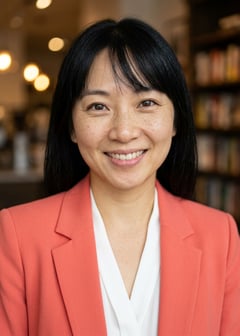 Professional AI LinkedIn headshot in Coral blazer over white blouse on Cafe (warm professional)