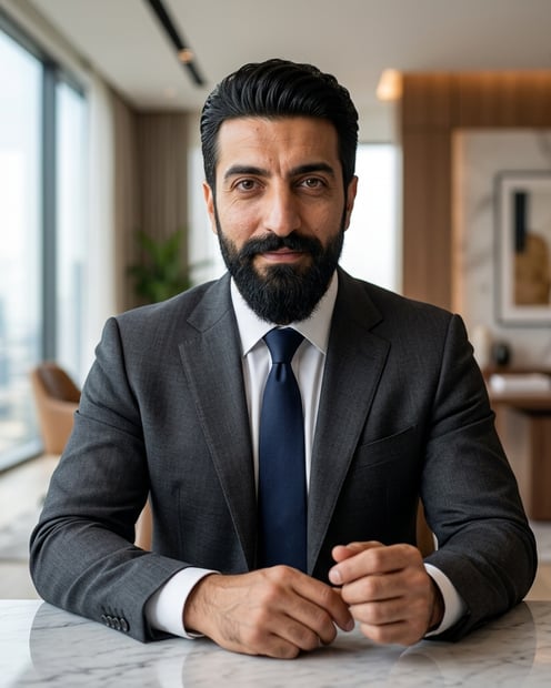 Private Agent Office Window · Charcoal Suit with Light Shirt headshot example