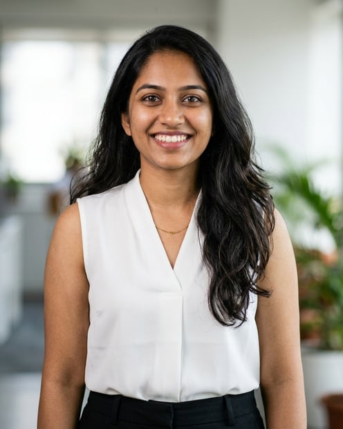 Office / Modern Office Workspace · Black trousers and blouse headshot example