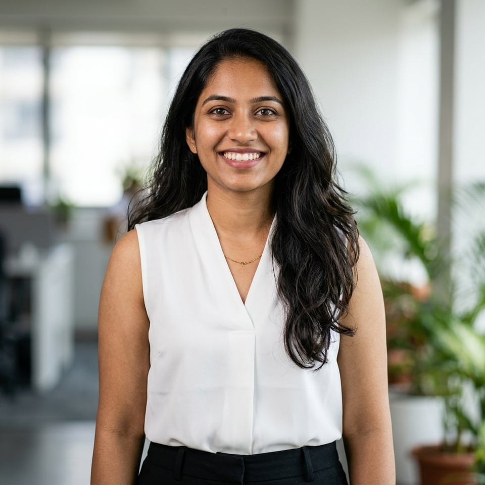 Professional AI LinkedIn headshot in Black trousers and blouse on Office / Modern Office Workspace