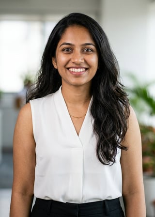 Professional AI LinkedIn headshot in Black trousers and blouse on Office / Modern Office Workspace