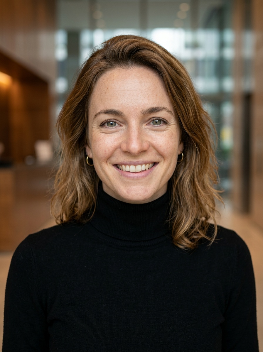 Professional AI LinkedIn headshot in Fitted black turtleneck on Lobby (corporate lobby)