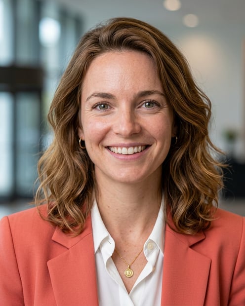Lobby · Coral blazer over white blouse headshot example