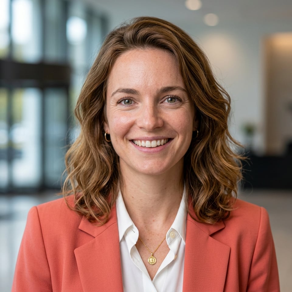 Professional AI LinkedIn headshot in Coral blazer over white blouse on Lobby (corporate lobby)