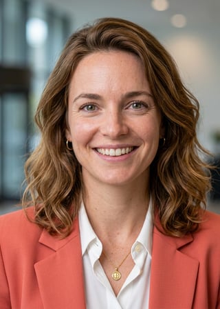 Professional AI LinkedIn headshot in Coral blazer over white blouse on Lobby (corporate lobby)