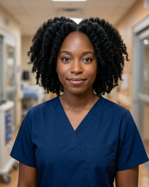 Clean ICU Corridor · Navy Nursing Scrubs headshot example