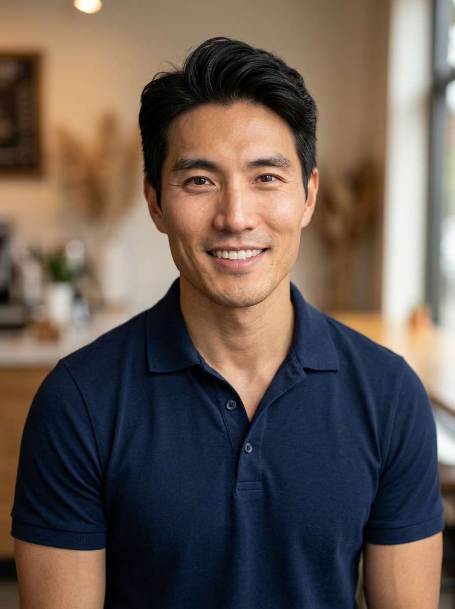 Professional AI LinkedIn headshot in Navy blue short-sleeve polo on Cafe (warm professional)