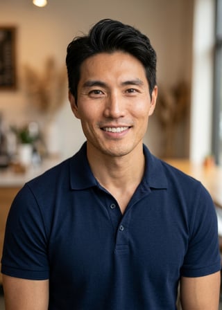 Professional AI LinkedIn headshot in Navy blue short-sleeve polo on Cafe (warm professional)