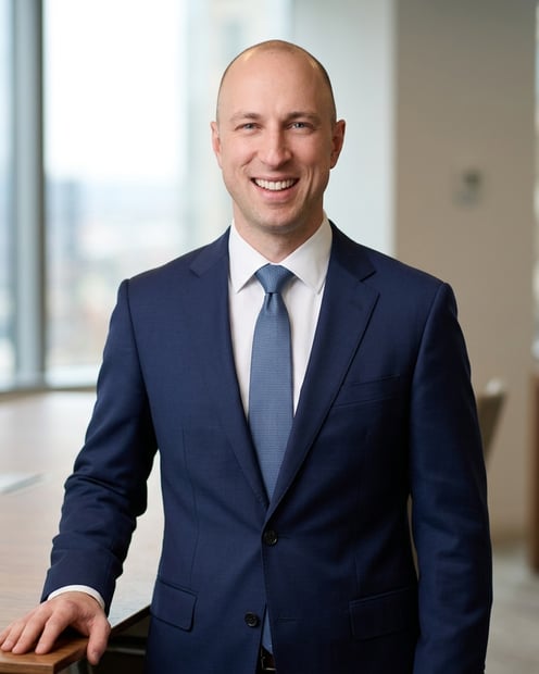 Warm Wood Conference Room · Navy Suit with White Shirt headshot example
