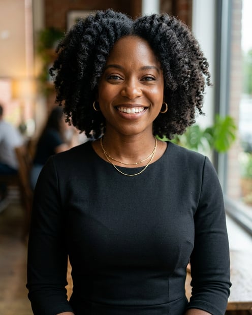 Cafe · Black midi fitted dress headshot example