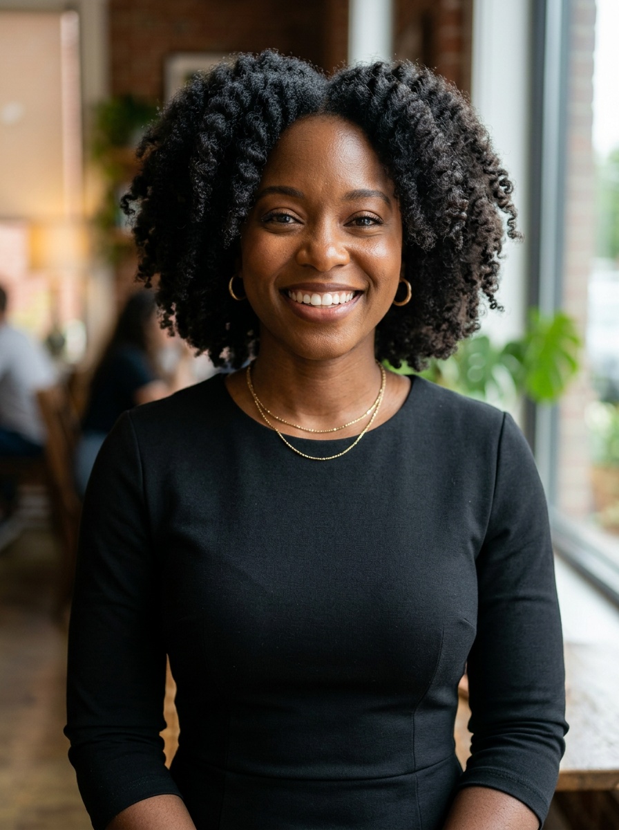 Professional AI LinkedIn headshot in Black midi fitted dress on Cafe (warm professional)