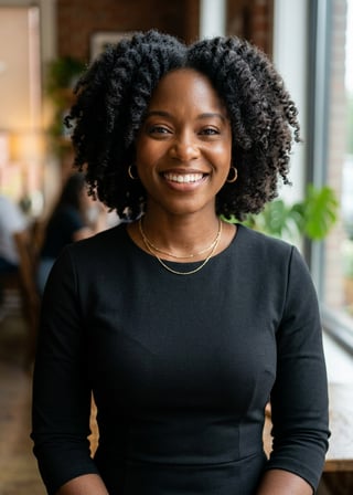 Professional AI LinkedIn headshot in Black midi fitted dress on Cafe (warm professional)