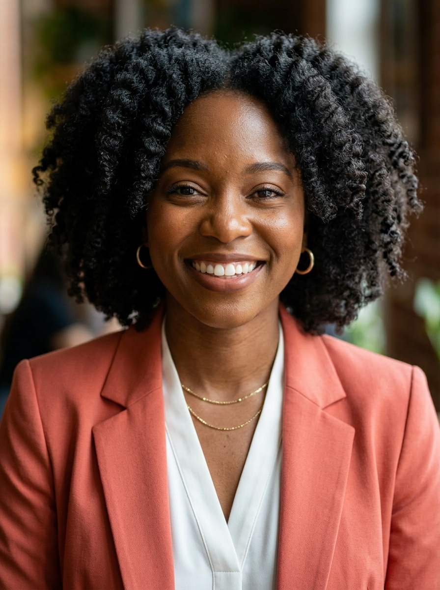 Professional AI LinkedIn headshot in Coral blazer over white blouse on Cafe (warm professional)