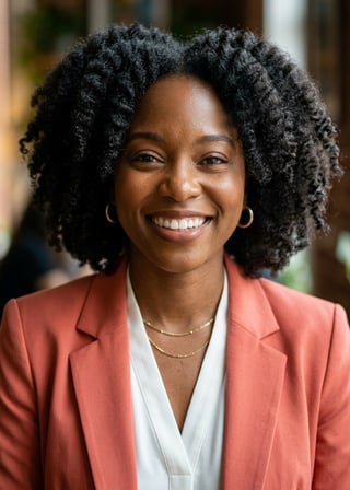 Professional AI LinkedIn headshot in Coral blazer over white blouse on Cafe (warm professional)