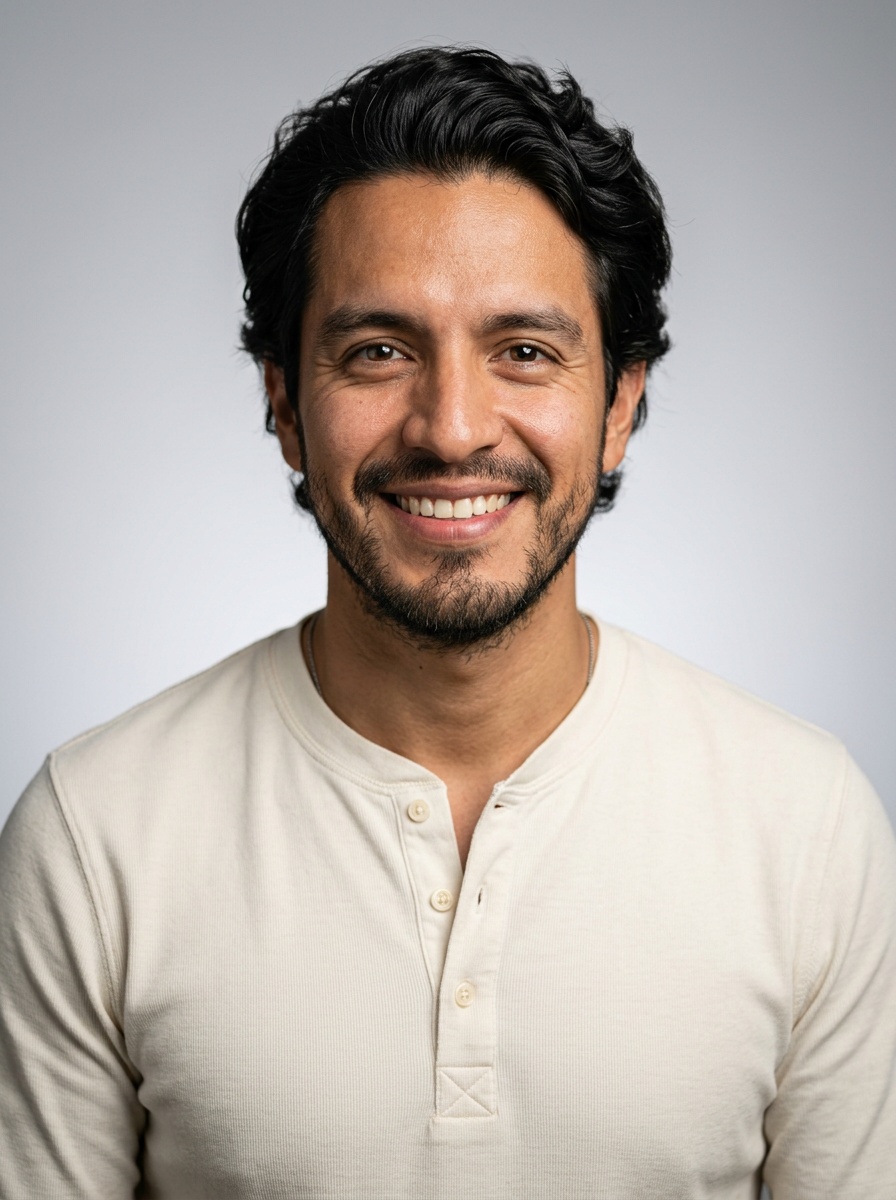 Professional AI LinkedIn headshot in Cream long-sleeve henley on Neutral Gradient / Light Grey