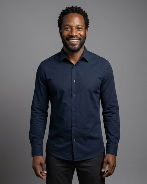 Neutral Mid-Grey Gradient Seamless · Dark Button-Up or Simple Black Top headshot example