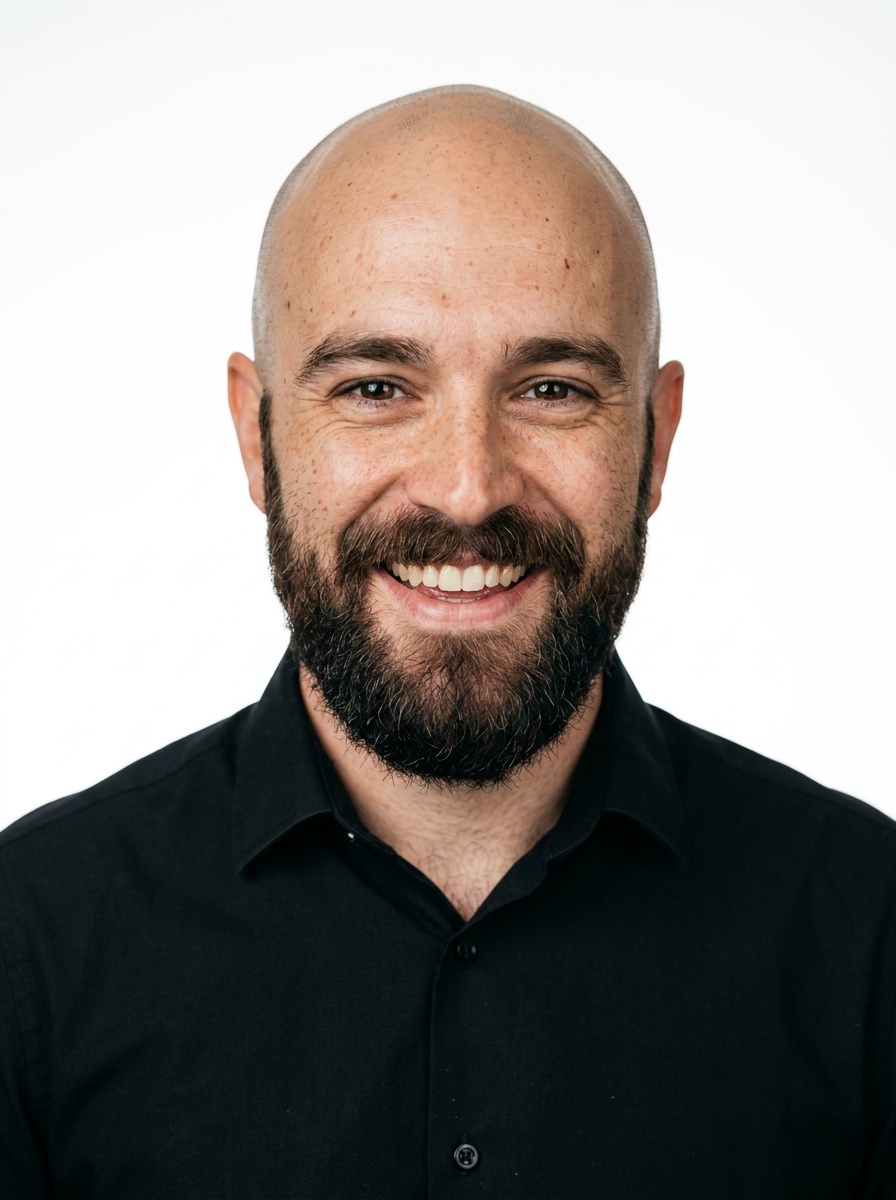 Professional AI LinkedIn headshot in Black long-sleeve button-up on White / Pure White Studio