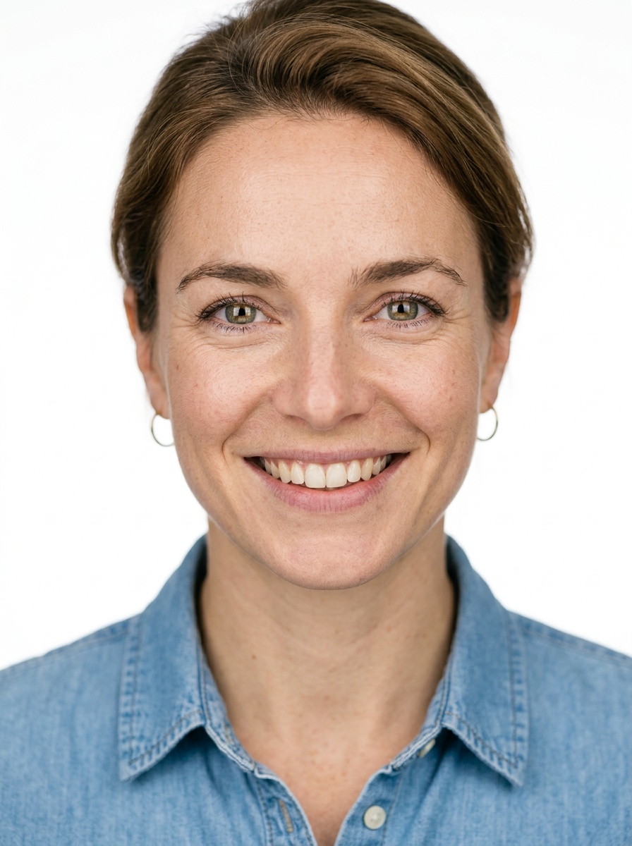 Professional AI LinkedIn headshot in Light blue denim shirt on White / Pure White Studio