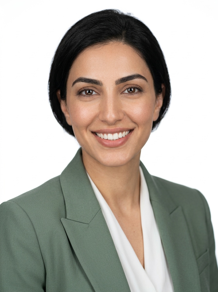 Professional AI LinkedIn headshot in Sage green blazer with white blouse (2026 trend) on White / Pure White Studio