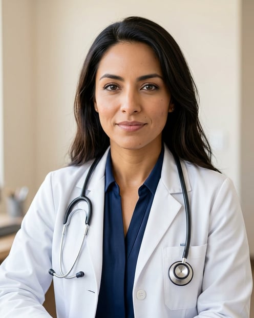 Warm Consultation Room · Physician White Coat headshot example