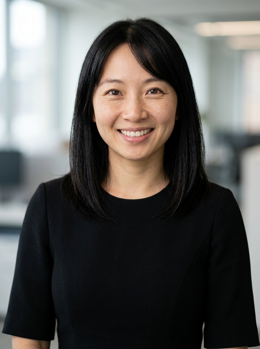 Professional AI LinkedIn headshot in Black midi fitted dress on Office / Modern Office Workspace