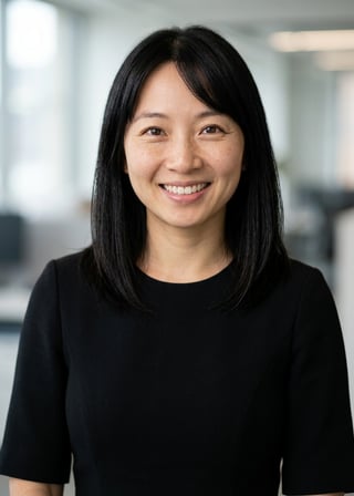 Professional AI LinkedIn headshot in Black midi fitted dress on Office / Modern Office Workspace
