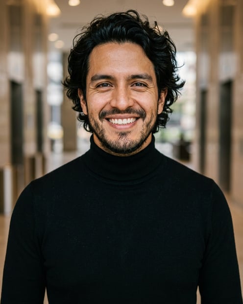 Lobby · Fitted black turtleneck headshot example