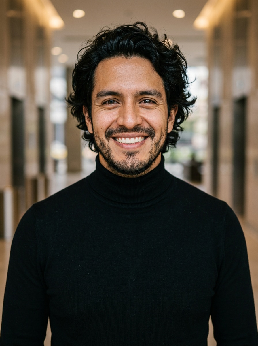 Professional AI LinkedIn headshot in Fitted black turtleneck on Lobby (corporate lobby)