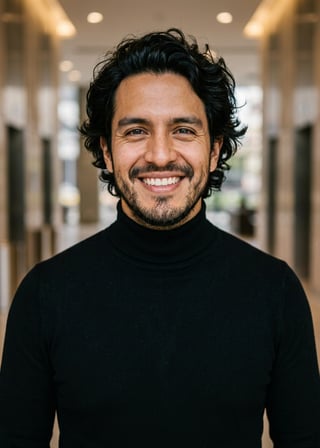 Professional AI LinkedIn headshot in Fitted black turtleneck on Lobby (corporate lobby)
