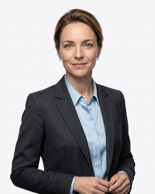 Clean White Studio · Charcoal Suit with Pale Blue Shirt headshot example