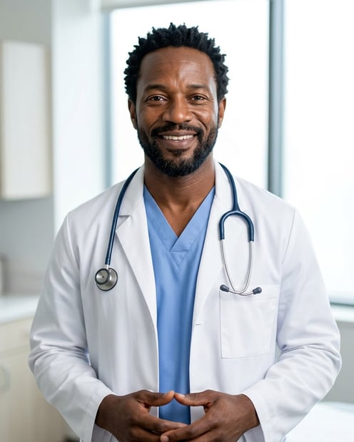 Modern Exam Room · White Coat over Scrubs headshot example