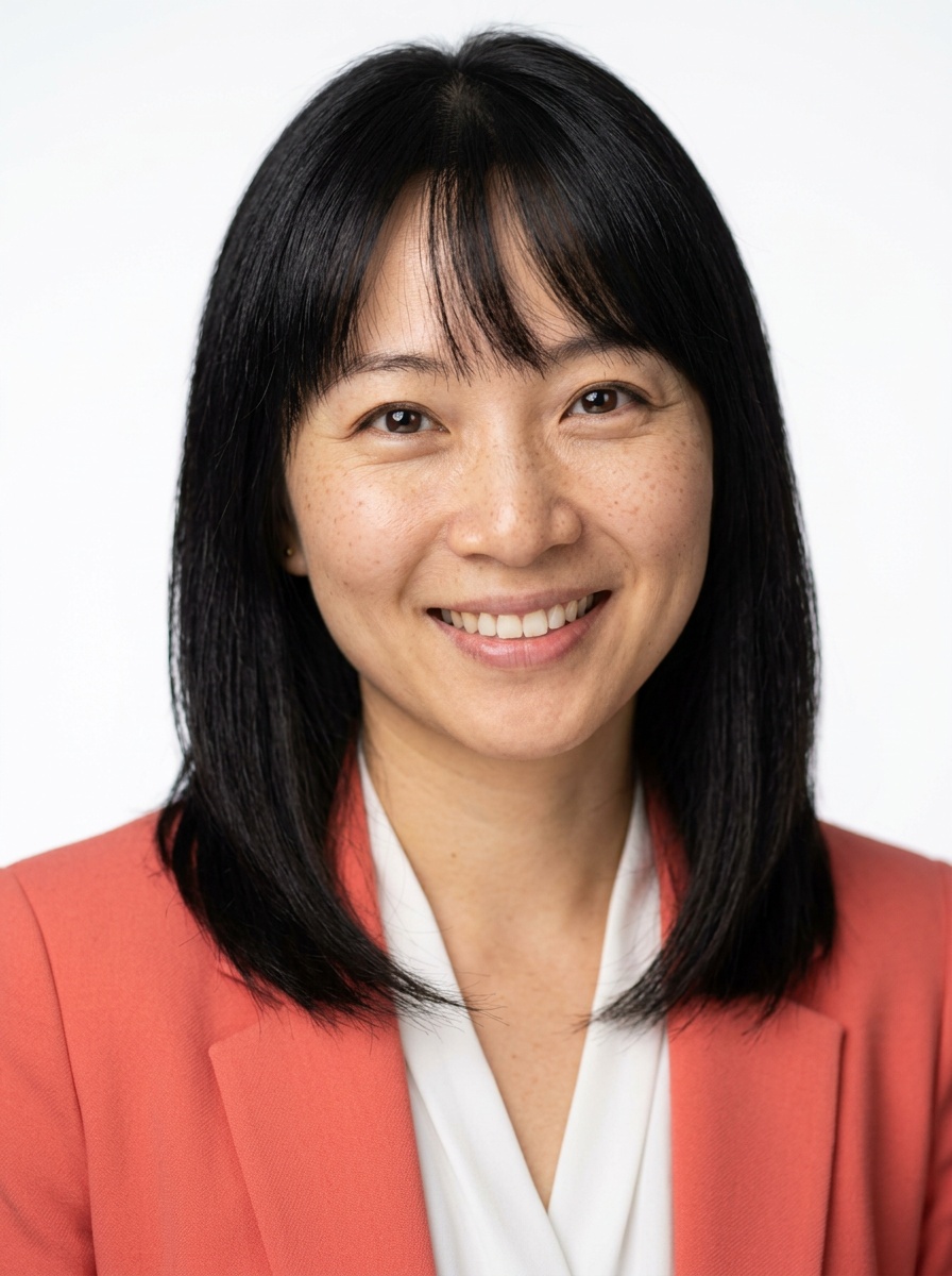 Professional AI LinkedIn headshot in Coral blazer over white blouse on White / Pure White Studio