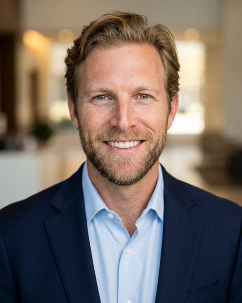 Lobby · Navy blazer with light blue shirt headshot example