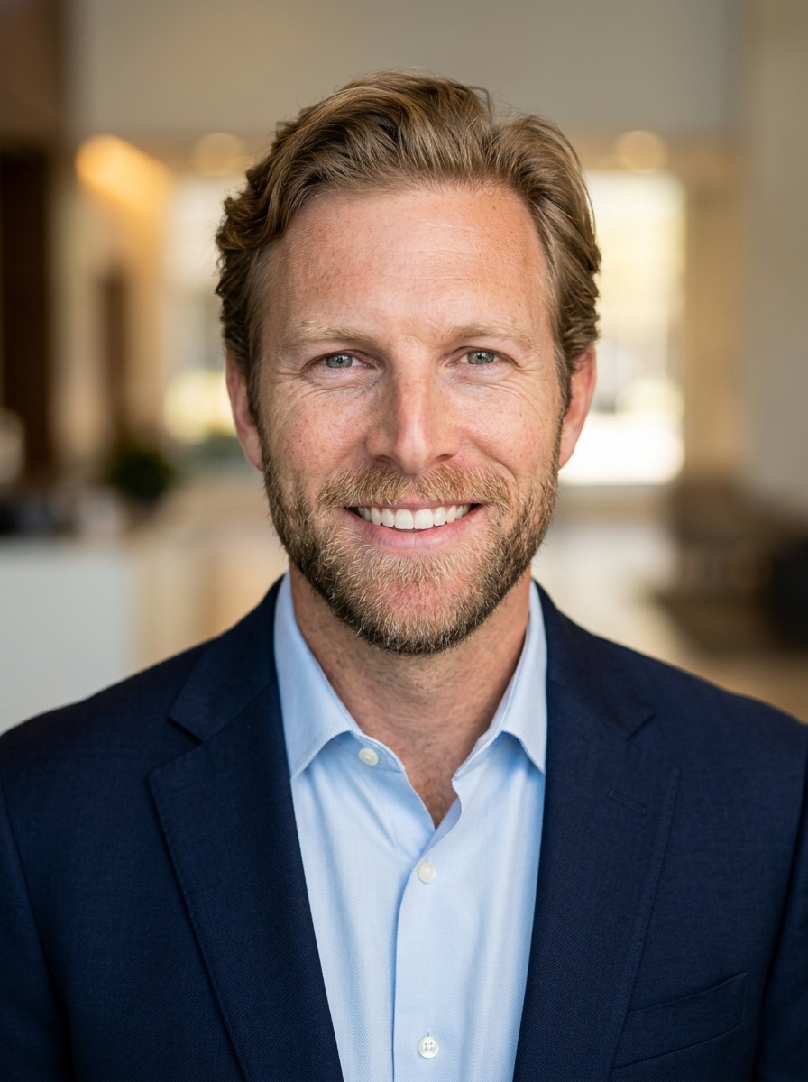 Professional AI LinkedIn headshot in Navy blazer with light blue shirt on Lobby (corporate lobby)