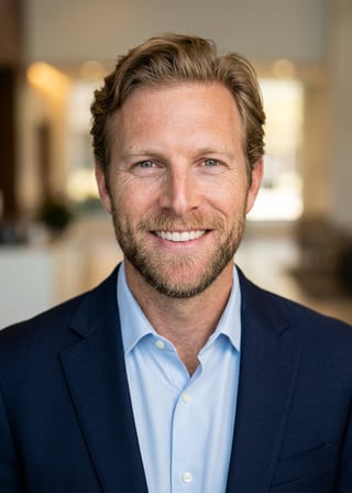 Professional AI LinkedIn headshot in Navy blazer with light blue shirt on Lobby (corporate lobby)