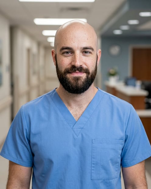 Blurred Nurse Station · Blue Nursing Scrubs headshot example