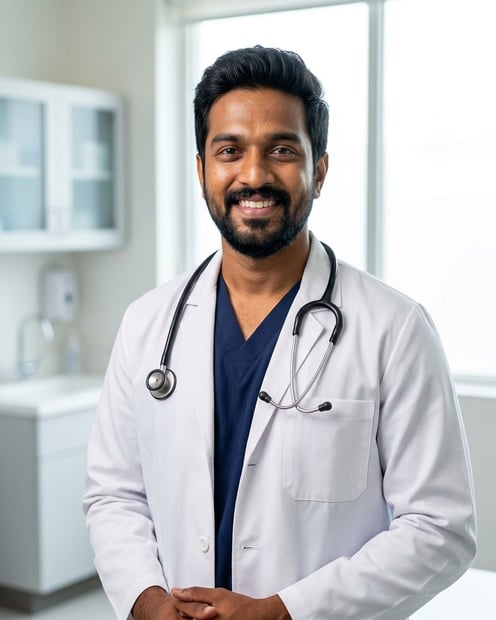 Modern Exam Room · White Coat over Scrubs headshot example