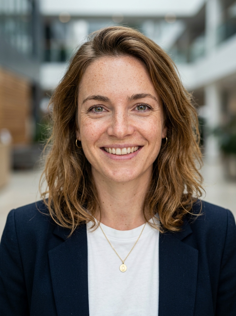 Professional AI LinkedIn headshot in Open navy blazer over simple white tee (tech-casual) on Lobby (corporate lobby)