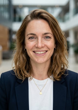 Professional AI LinkedIn headshot in Open navy blazer over simple white tee (tech-casual) on Lobby (corporate lobby)