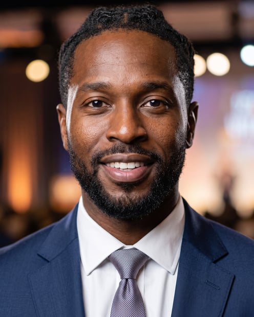Speaking Stage · Navy Suit headshot example